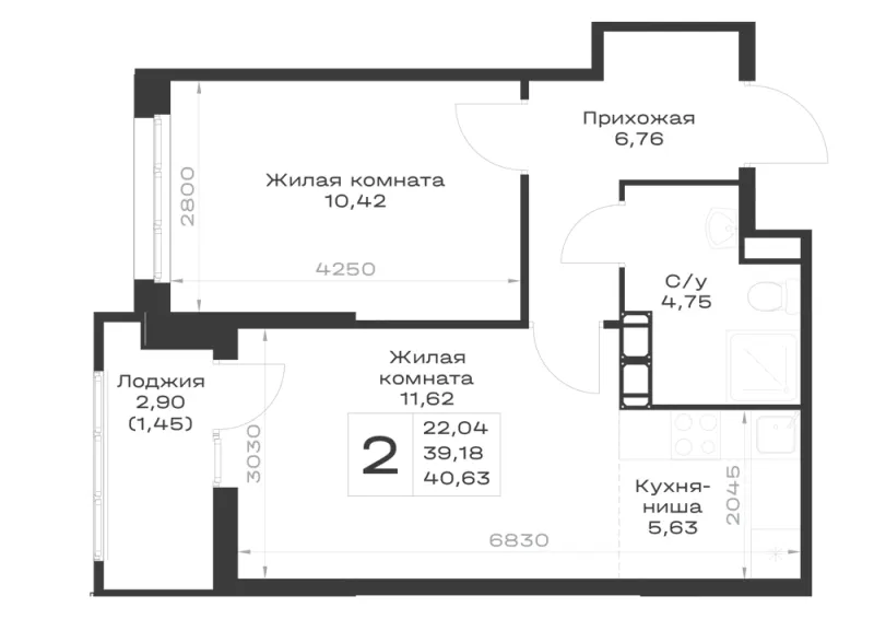 1-комн. 40.6 м²