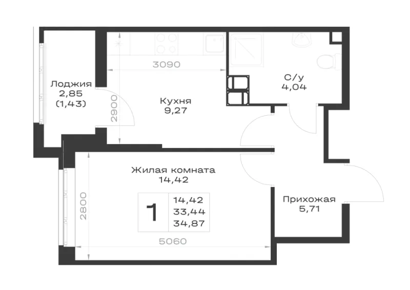 1-комн. 34.9 м²