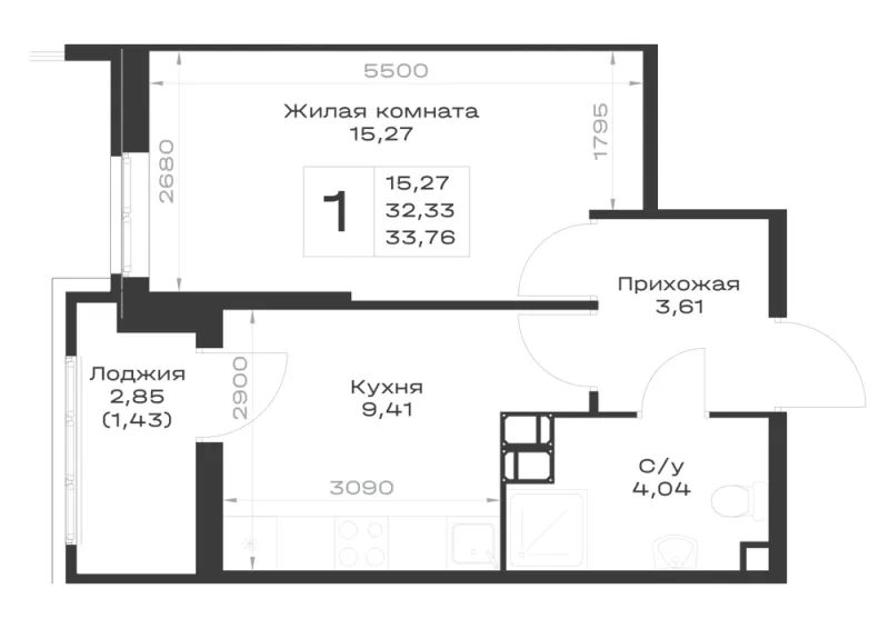 1-комн. 33.8 м²