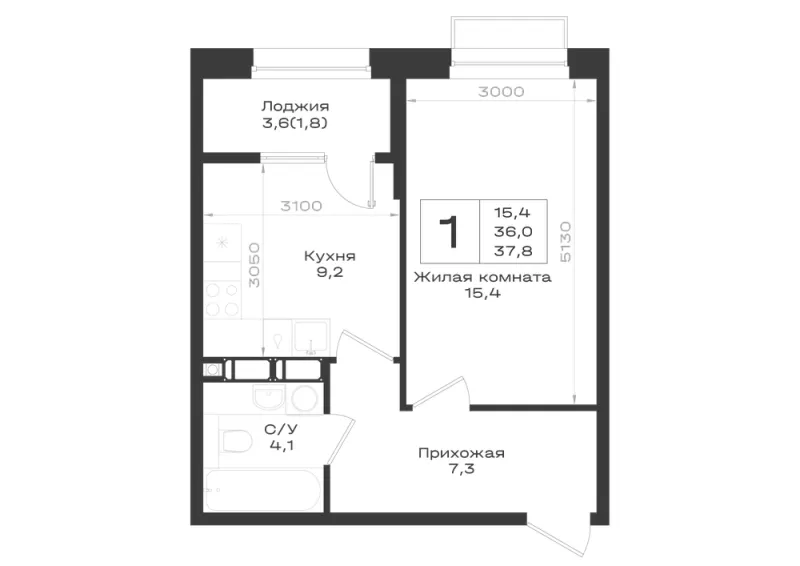 1-комн. 37.8 м²