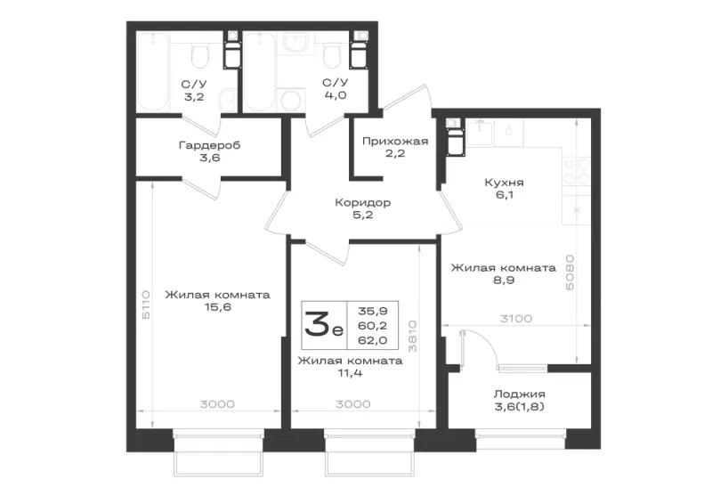3-комн. 62 м²