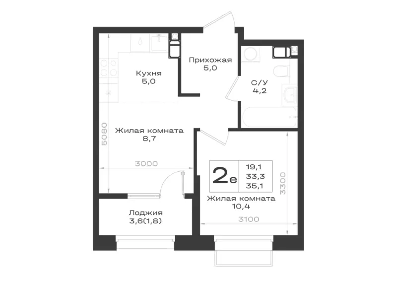 2-комн. 35.1 м²