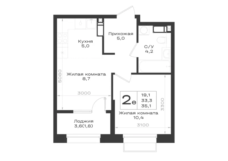 2-комн. 35.1 м²