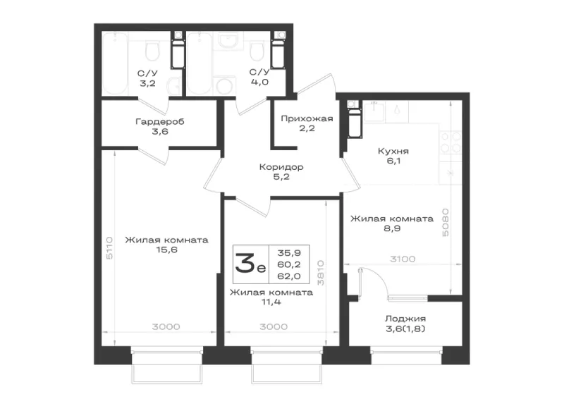 3-комн. 62 м²