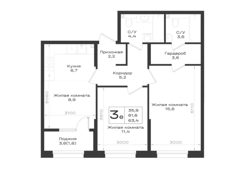 3-комн. 63.4 м²