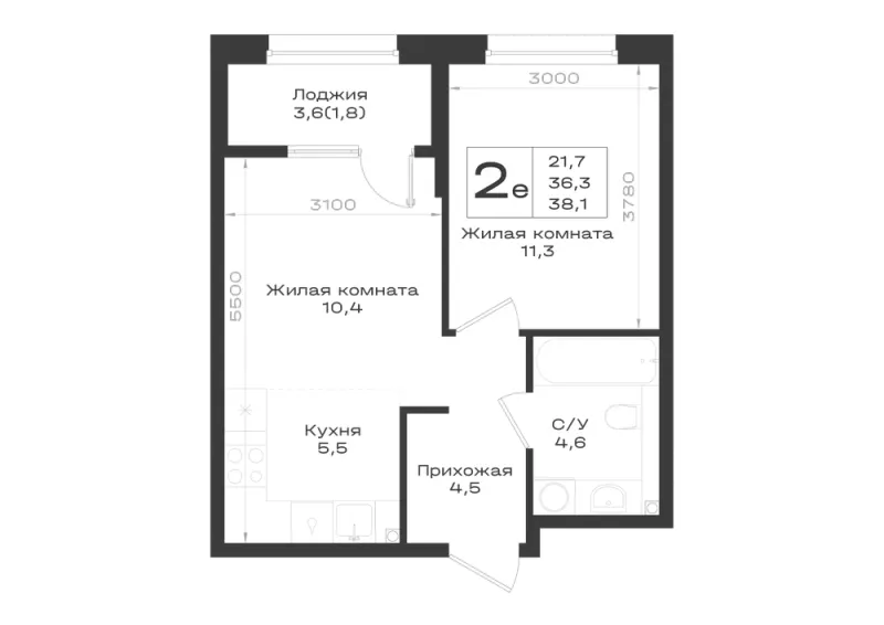 2-комн. 38.1 м²