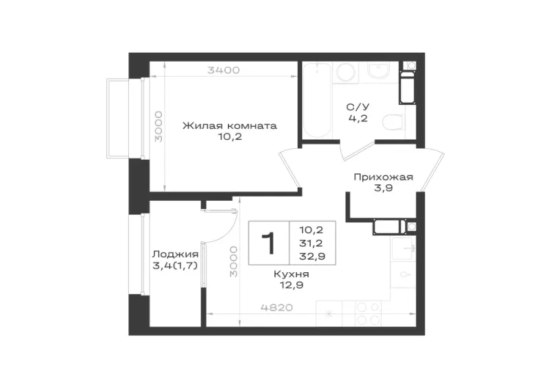 1-комн. 32.9 м²