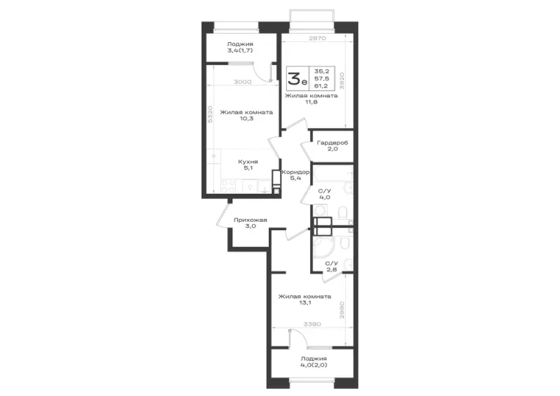3-комн. 61.2 м²