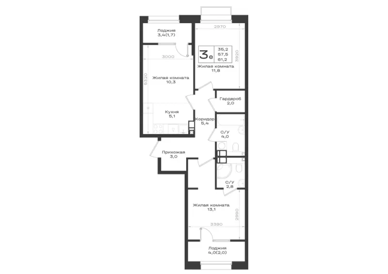 3-комн. 61.2 м²