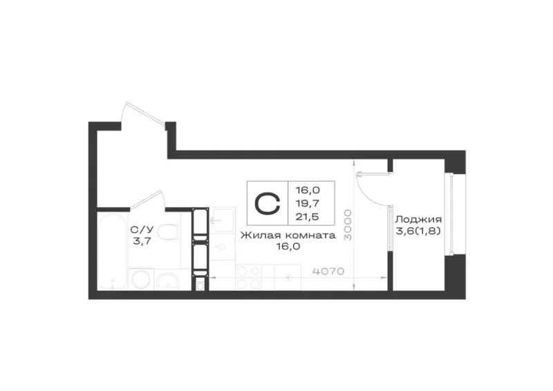 Студия 21.5 м²