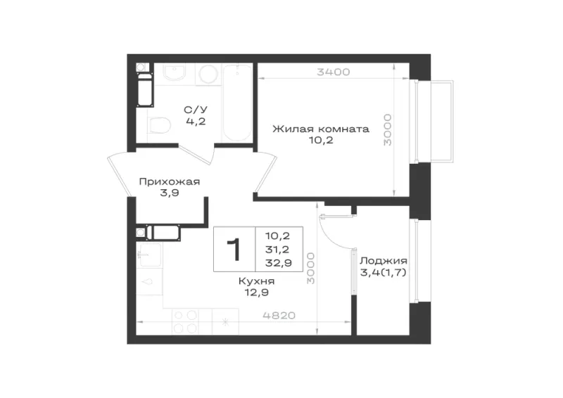 1-комн. 32.9 м²