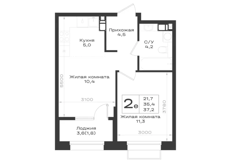 2-комн. 37.2 м²