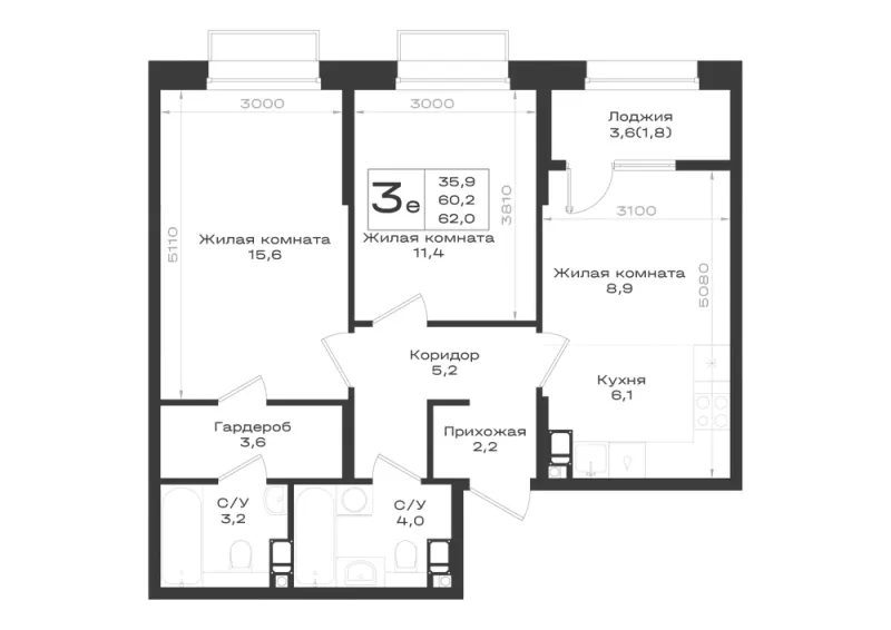 3-комн. 62 м²