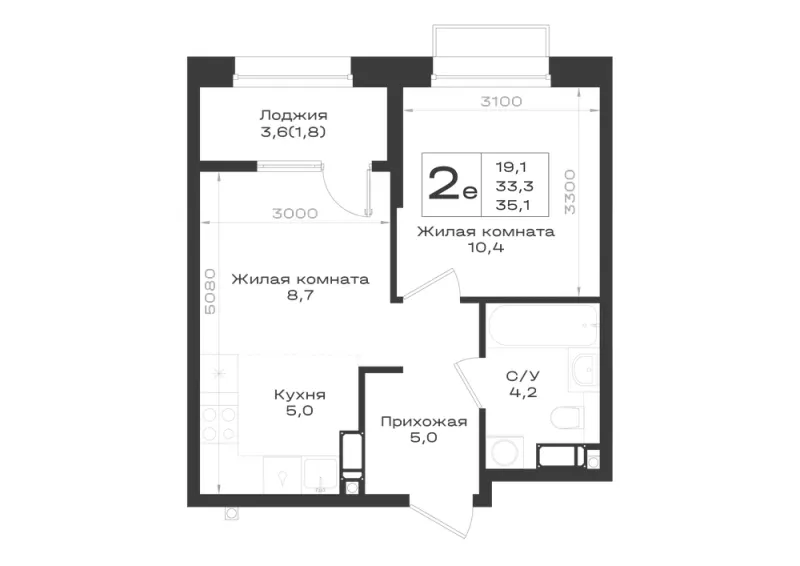2-комн. 35.1 м²