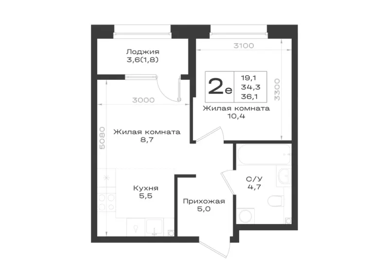 2-комн. 36.1 м²