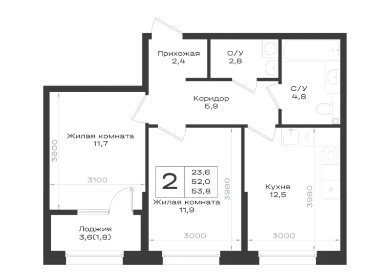 2-комн. 53.8 м²