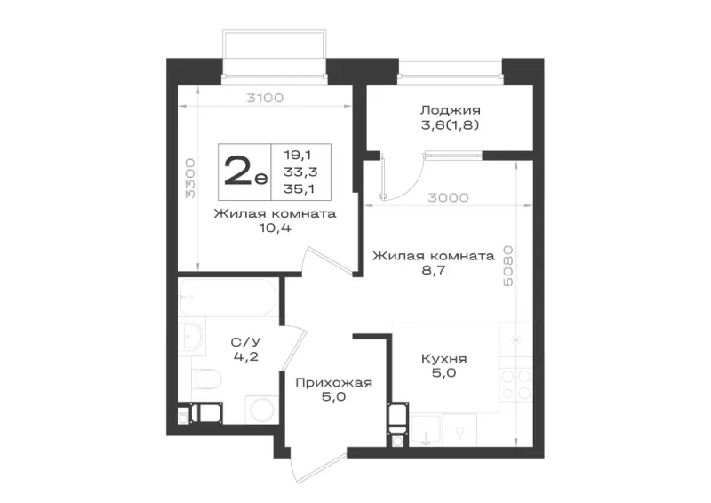 2-комн. 35.1 м²