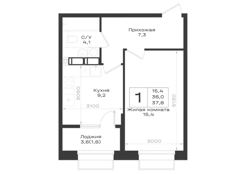 1-комн. 37.8 м²