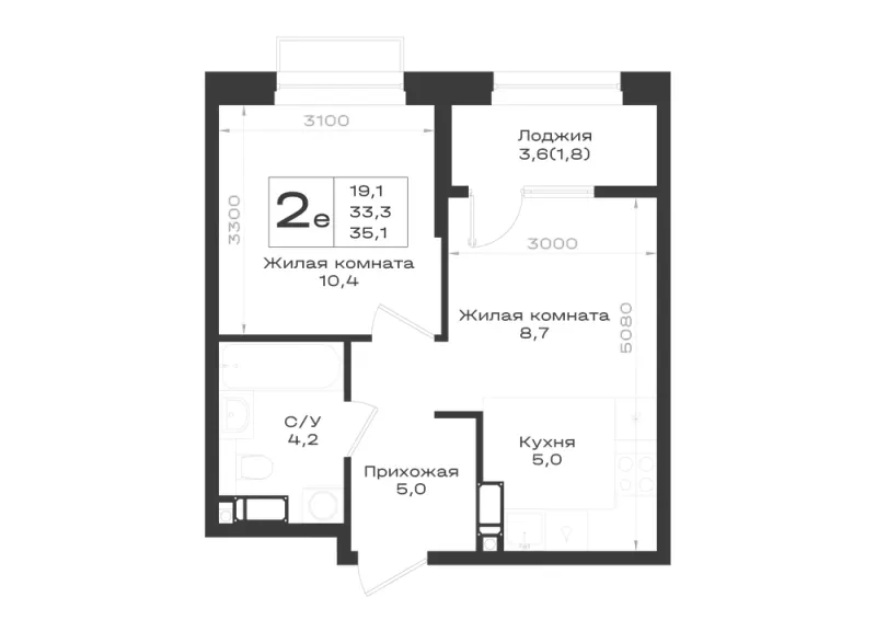 2-комн. 35.1 м²