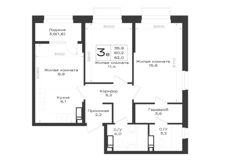 3-комн. 62 м²