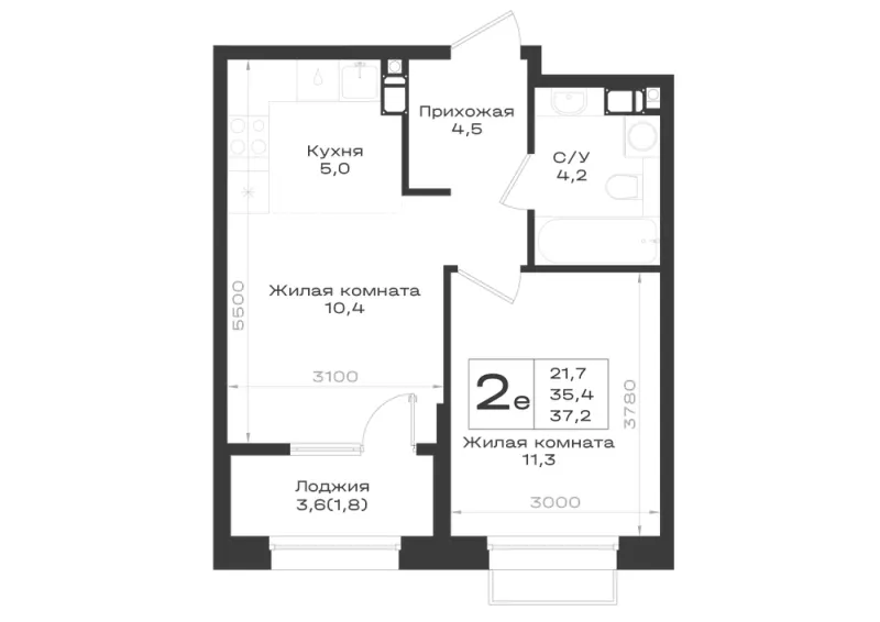 2-комн. 37.2 м²