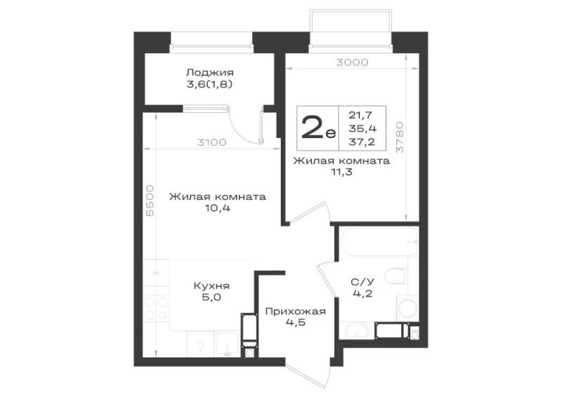 2-комн. 37.2 м²