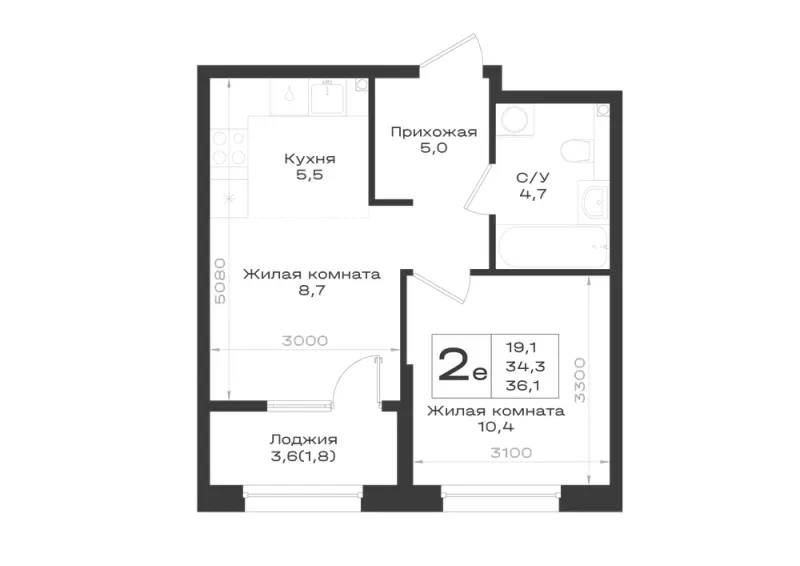 2-комн. 36.1 м²