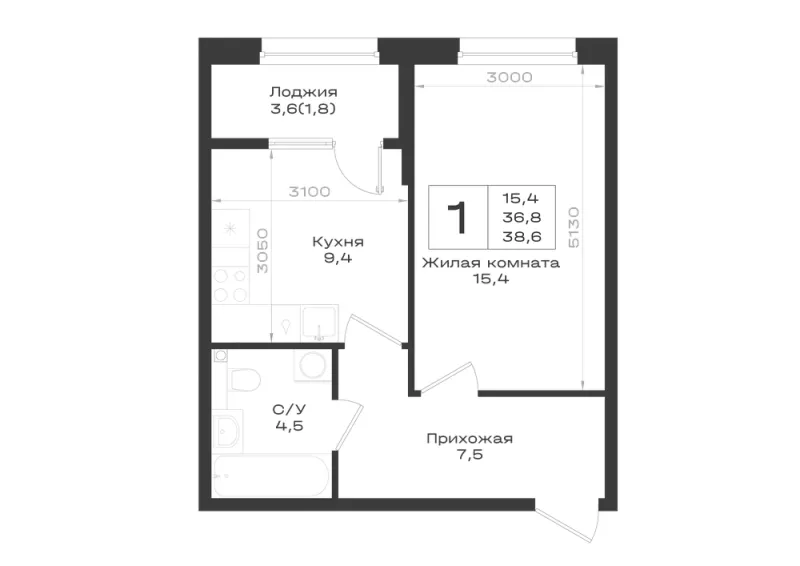 1-комн. 38.6 м²
