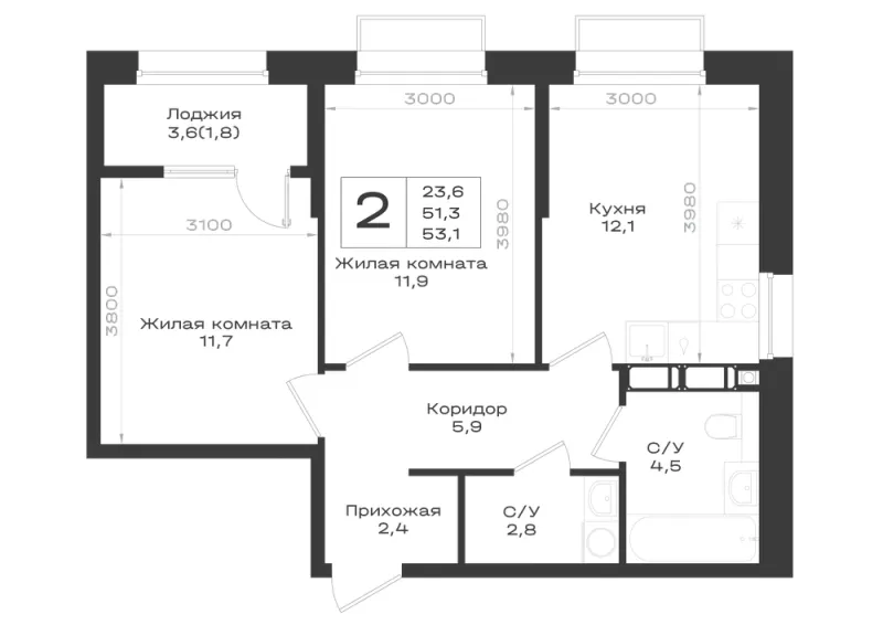 2-комн. 53.1 м²