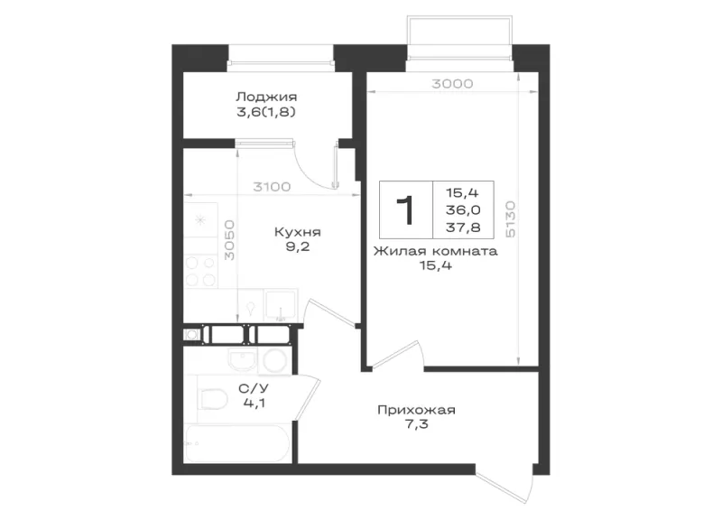 1-комн. 37.8 м²