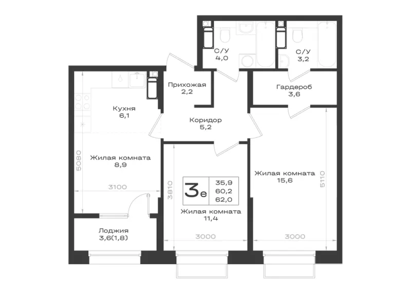 3-комн. 62 м²