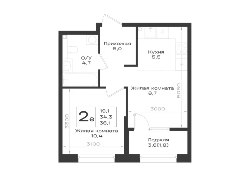 2-комн. 36.1 м²
