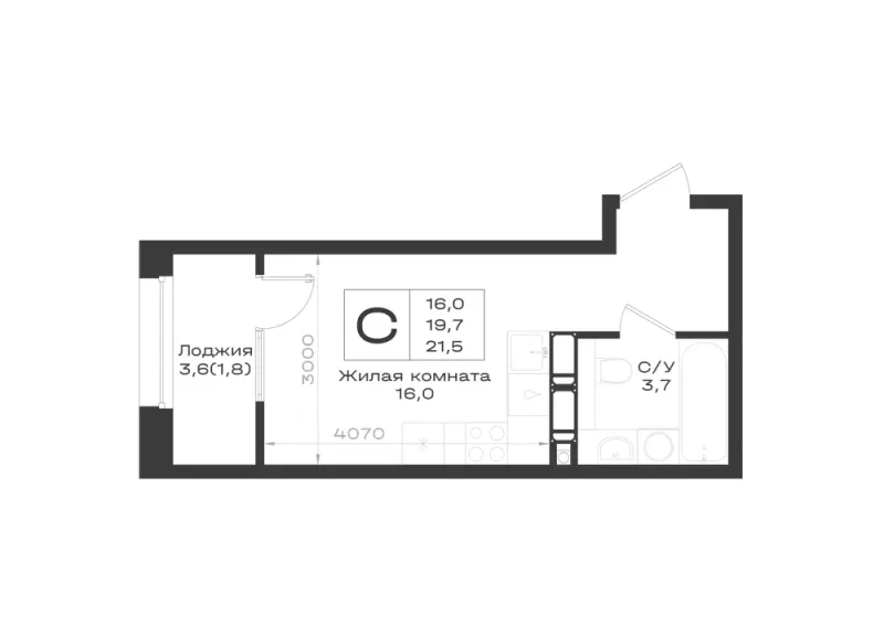 Студия 21.5 м²