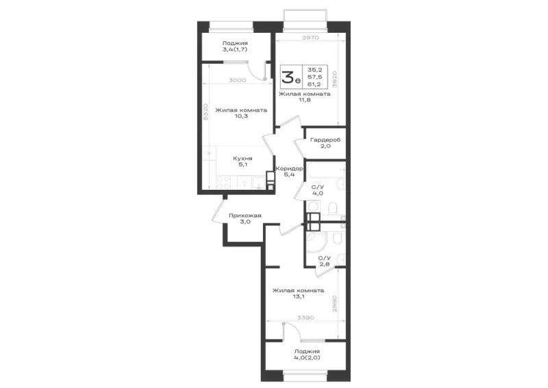 3-комн. 61.2 м²
