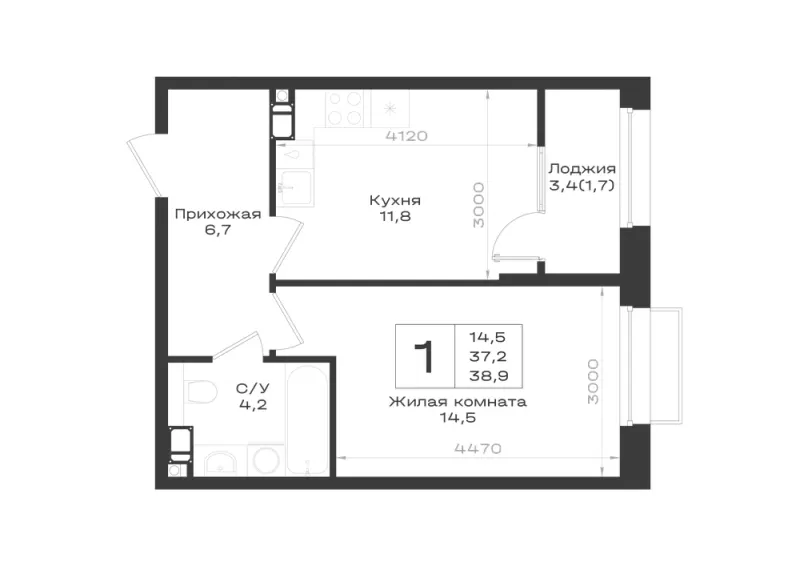1-комн. 38.9 м²