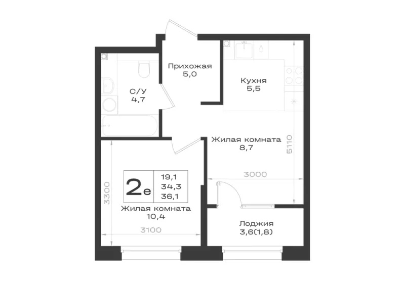2-комн. 36.1 м²