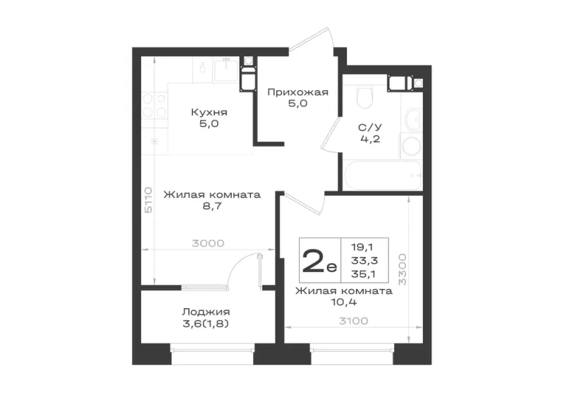 2-комн. 35.1 м²
