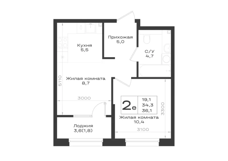 2-комн. 36.1 м²