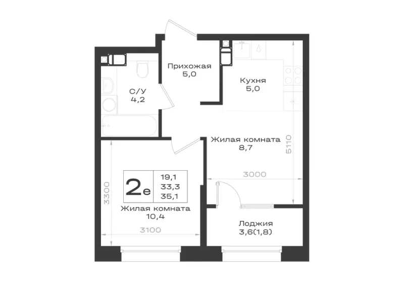 2-комн. 35.1 м²