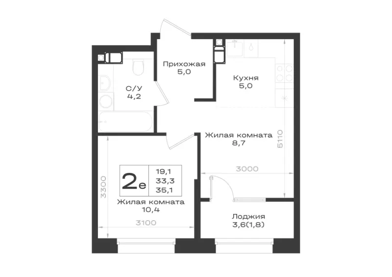 2-комн. 35.1 м²