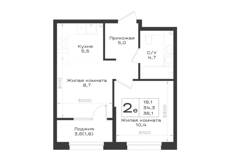 2-комн. 36.1 м²