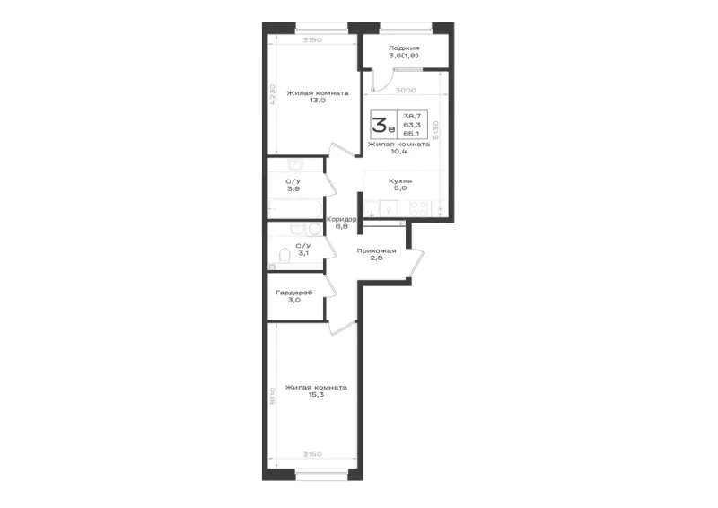 3-комн. 65.1 м²