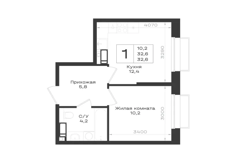 1-комн. 32.6 м²