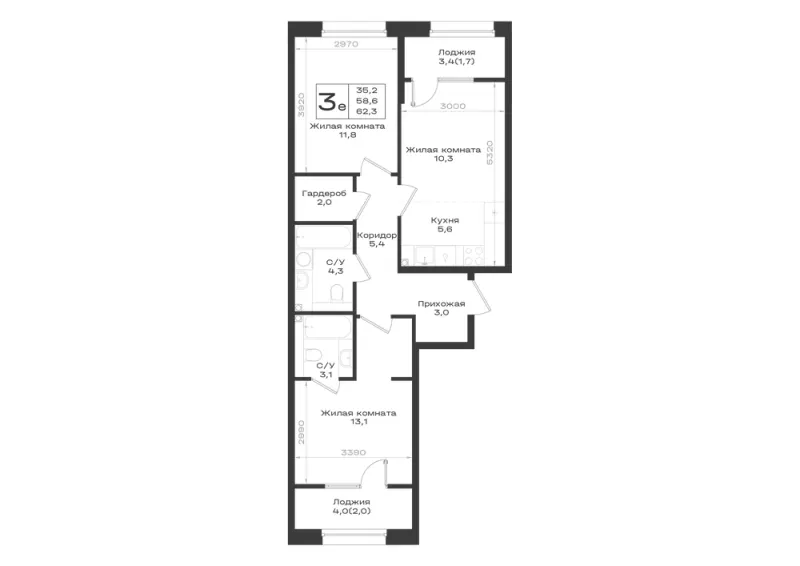 3-комн. 62.3 м²