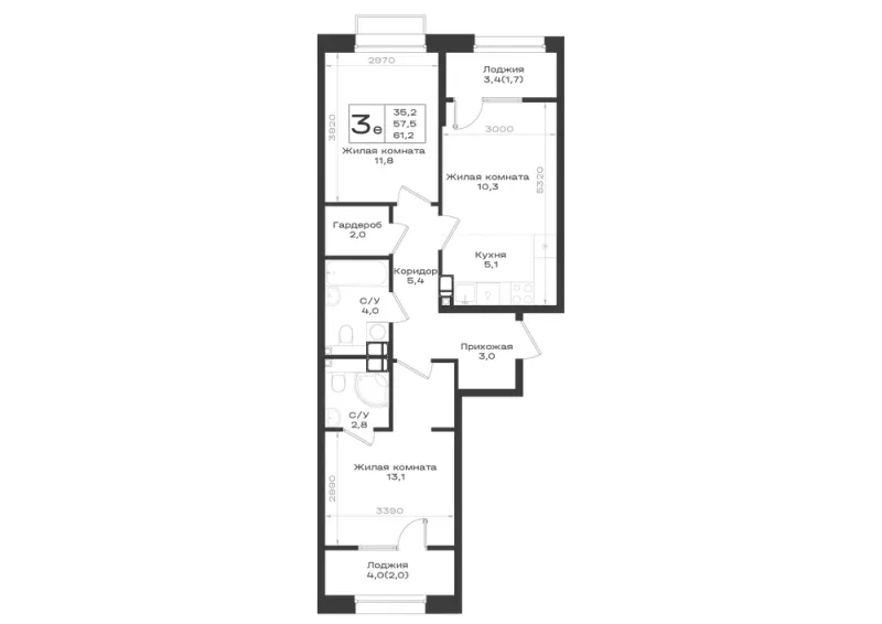 3-комн. 61.2 м²