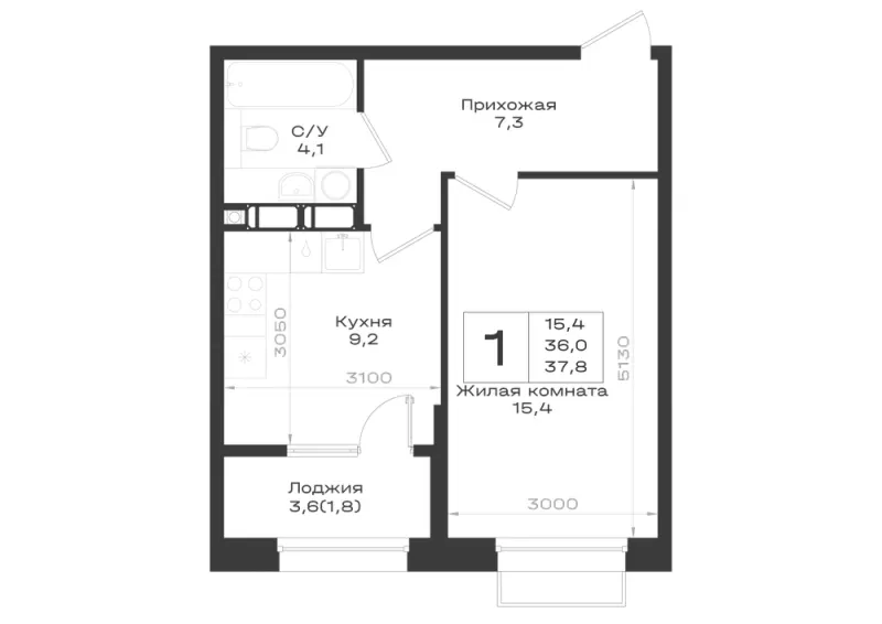 1-комн. 37.8 м²