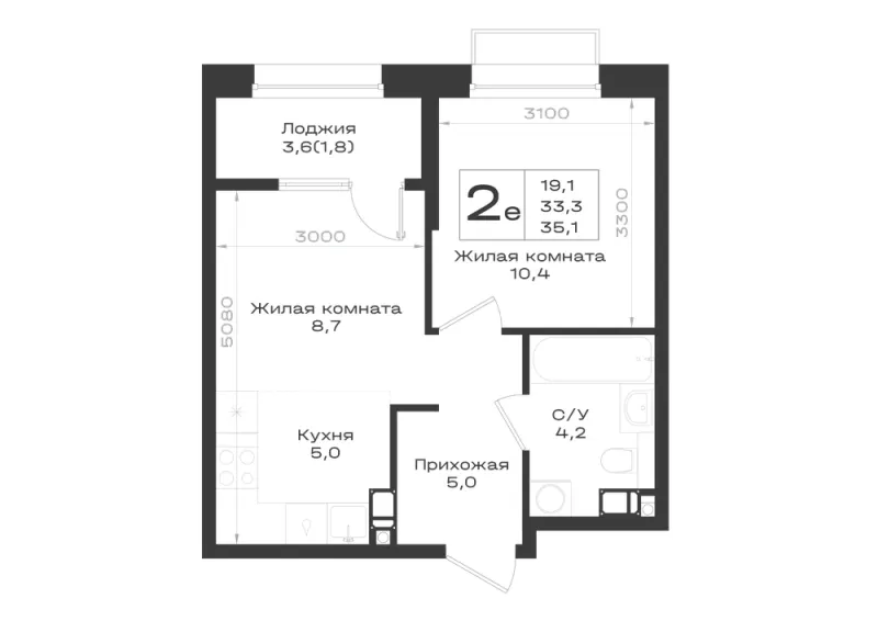 2-комн. 35.1 м²