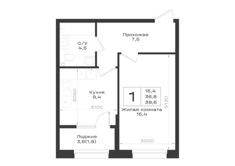 1-комн. 38.6 м²