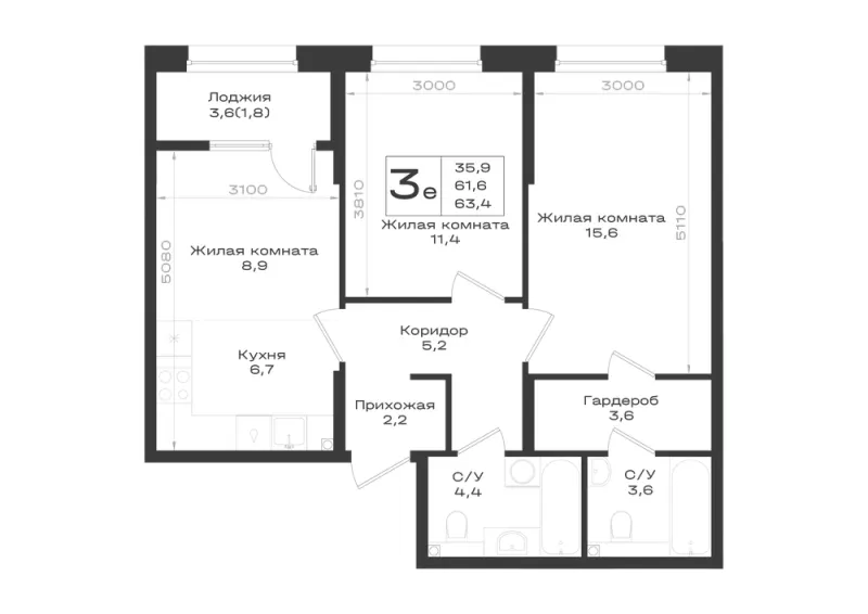 3-комн. 63.4 м²