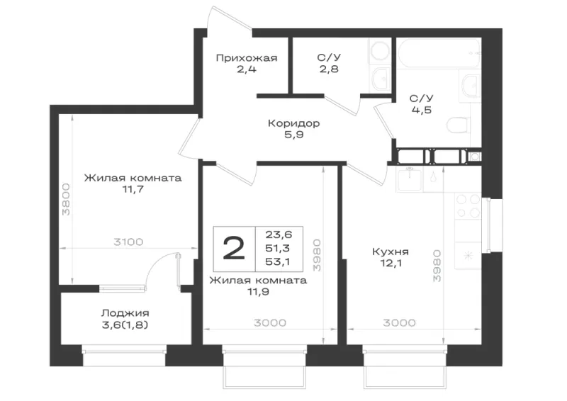 2-комн. 53.1 м²